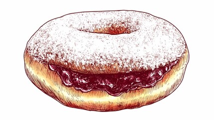 Hand-drawn illustration of a sugared donut with jam filling.