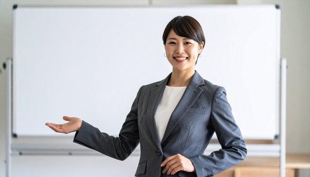 ホワイトボードの前に立っているスーツ姿の女性。企画、プレゼン、紹介をしてるイメージ。 - Powered by Adobe