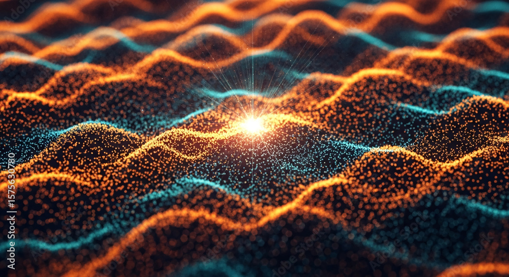 Poster abstract image of orange and teal particle waves, glowing light source at center, creating dynamic, 