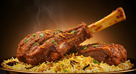 Slow-Cooked Lamb Shank Biryani with Saffron Rice and Aromatic Spice Garnish – Traditional Middle Eastern Feast