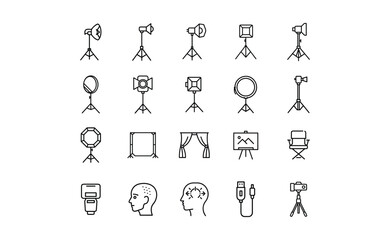 Photography Studio Equipment Icons: Lighting Backdrop Camera and Accessories.