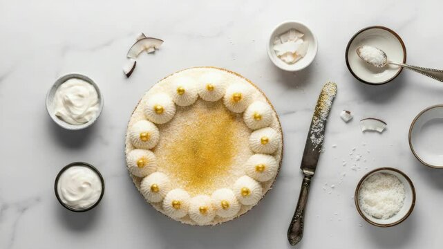 Elegant coconut cake with icing on marble background