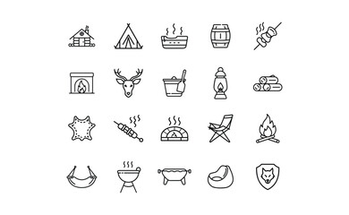 Collection of Camping and Outdoor Recreation Line Icons.