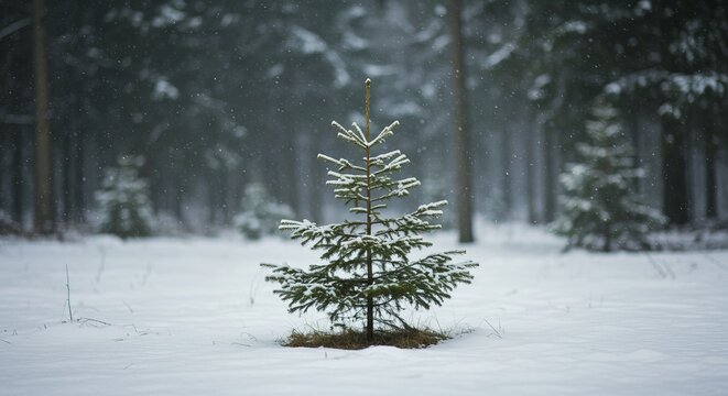 A small, snow-covered evergreen tree stands in a snowy forest clearing. Snowflakes are falling, and the background trees are blurred. - Powered by Adobe