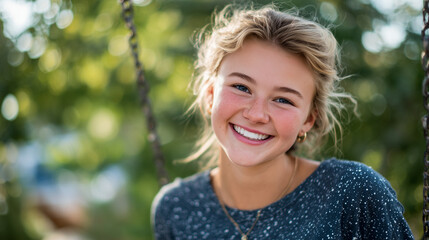 Blonde girl in casual tee laughing while swinging, vibrant green park foliage behind gently out of focus, warm summer afternoon lighting enhancing the joyful scene