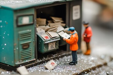 Tiny postal workers sorting miniature letters into small mailboxes, stamps the size of glitter flakes 