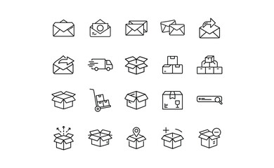 Collection of Simple Line Art Icons Representing Mail Shipping and Packages.