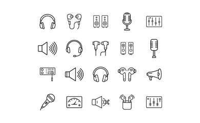 Collection of Audio Equipment Icons in Minimalist Black Line Art Style.