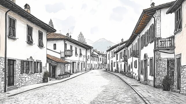 Fototapeta A charming, sketch-like view of a quaint village street.