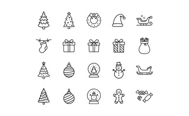 Collection of Christmas Icons in Line Art Style.