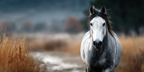 Obraz premium Majestic white horse walking through golden grass in early morning light near a serene landscape