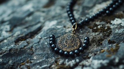 Dark necklace on stone background