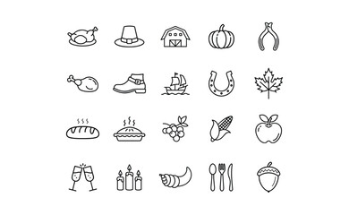 Simple Black Line Art Thanksgiving Icons Collection.