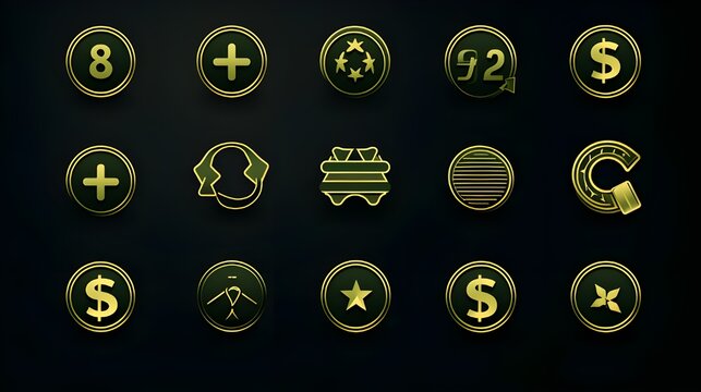 Fifteen elegant golden currency tokens are displayed against a dark background, showcasing a collection of unique stylized digital assets.