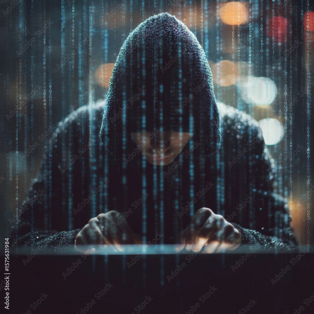 Aufkleber Mysterious Hacker in Dark Hoodie Working on Computer Surrounded by Digital Code in Cyber Environment