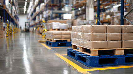 Interior shot of a clean, well-lit warehouse featuring brown paper bags stacked on blue plastic pallets, aisle markings visible on the polished concrete floor, highlighting meticul
