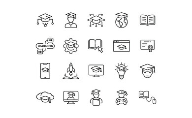 Education and Learning Icons: Graduation Caps Books and Online Learning.