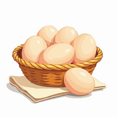 Fresh eggs in straw basket beside a folded linen napkin shows farm produce. Fresh eggs concept includes rich ingredients: healthy protein, nutrition, and food source in basket with linen napkin.