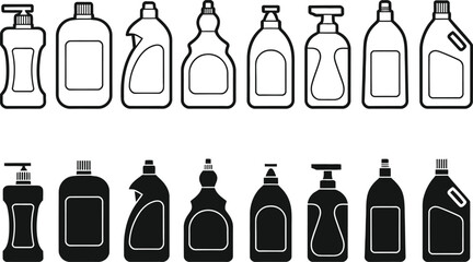 Collection of various cleaning product bottles and containers in outline and solid black silhouettes