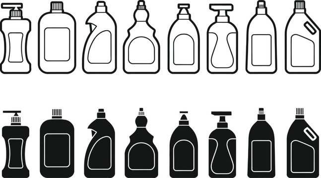 Collection of various cleaning product bottles and containers in outline and solid black silhouettes