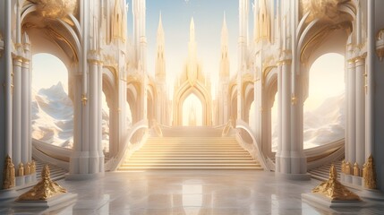 Ethereal architecture presents an interior view of a luminous hall with white pillars, golden accents, and grand stairs bathed in soft light.