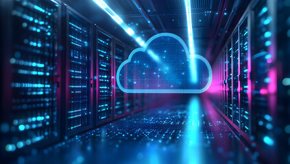 Fototapeta premium Smooth Cloud Data Migration Process, illustrating seamless transfer of digital information from on-premises servers to scalable cloud storage with flowing connectivity visuals
