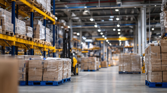 Brightly lit warehouse floor with stacks of brown paper bags on blue pallets, wide aisle for machinery and workers, conveying a scene of bustling storage and shipment preparation