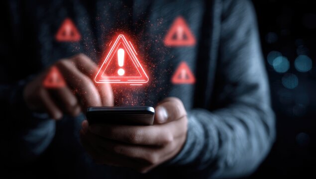 Person interacting with a smartphone displaying glowing red warning signs
