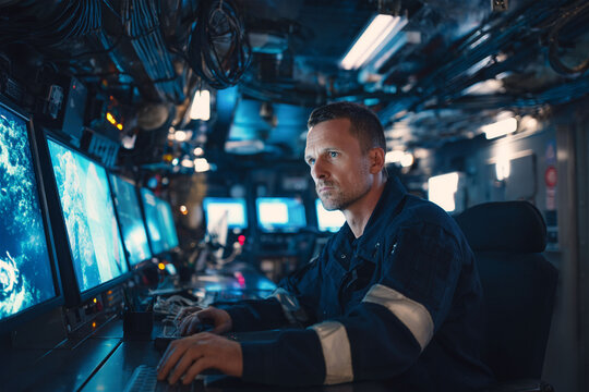 Marine engineer monitoring underwater mining operations in shipboard control room. shipboard laboratory.  The control room