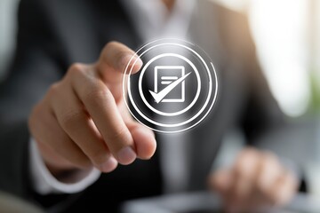 Businessperson's finger touching a digital checkmark icon