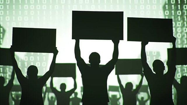 Silhouetted Protesters Hold Signs in Front of Green Binary Code Background Symbolizing Digital Activism