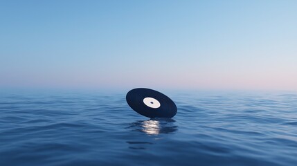 A serene and conceptual artwork of a classic music record resting in the sea against a tranquil twilight sky. A concept for lost music, nostalgia, or the sound of the ocean