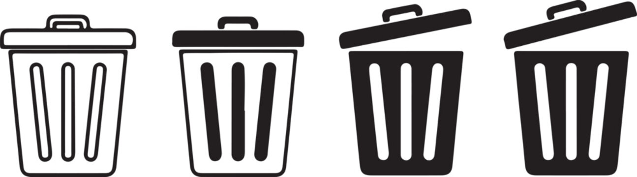 Black and white vector icon set of office tools and trash cans, perfect for symbolizing delete, recycle, or waste management