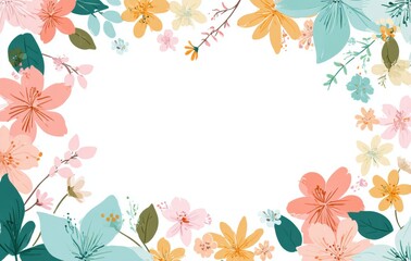 Fototapeta premium Pastel spring floral frame with leaves on white background, flat vector illustration. Ideal for invitation designs, social media graphics, and digital stationery. 