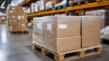 Focused image of cardboard boxes bundled on wooden pallet, transparent stretch film tightly securing goods, warehouse aisles and packed inventory fading softly in the background