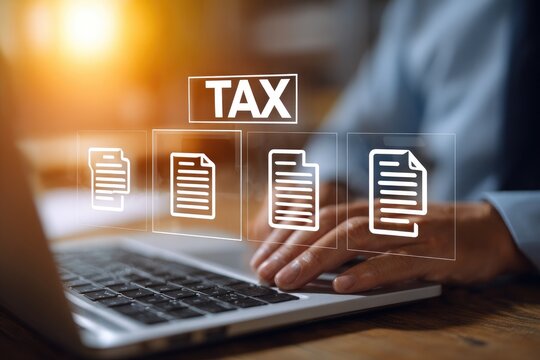 Businessperson working on laptop, tax documents overlay