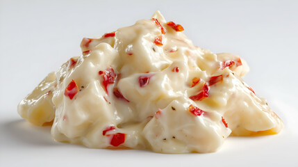 Creamy potato salad with mayonnaise dressing and red bell pepper pieces, served cold and isolated on white background. Rich, smooth texture and slightly tangy flavor.