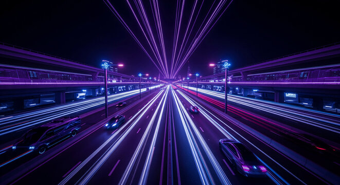 Night highway scene with purple and blue light trails from moving cars, creating dynamic, vibrant energy, symbolizing speed, modern city life, and technological advancement