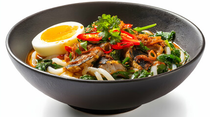 Fish noodle soup with soft-boiled egg, spinach, red chili, and herbs in savory broth, served in a black bowl. Spicy, colorful, and flavorful Asian-style dish.