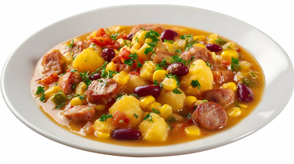 Sausage potato stew with corn, kidney beans, bell peppers, and parsley in rich broth, served on a white plate. Colorful and hearty homemade comfort food.