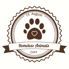 Homeless animals day august 15th emblem with paw print and heart symbol promoting animal welfare and adoption