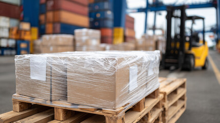 Close-up of transparent plastic wrap securing cardboard boxes stacked on wooden pallet, ambient warehouse setting with forklift and packed shipping containers in the distance