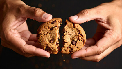 Hands Breaking a Chocolate Cookie Apart
