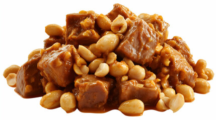 Peanut pork stew with tender pork chunks and whole peanuts in rich brown sauce, isolated on white background. Traditional savory dish with nutty flavor.
