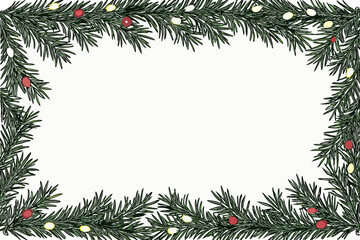 Festive christmas fir branch border with red berries and lights