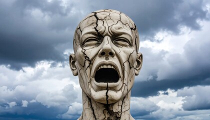 Obraz premium Cracked head sculpture against stormy sky