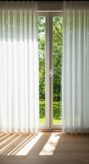 Daylight Serenade: Sunlit transparency curtains delicately frame a vibrant nature scene. The room's hardwood floors and the allure of the green outdoors create a visual symphony