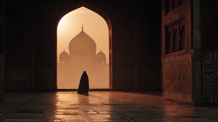 Silhouette of Mysterious Figure Against the Majestic Taj Mahal at Sunset in Serene Atmosphere