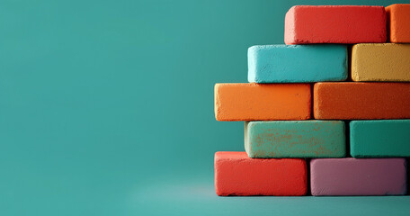 Colorful plastic bricks minimal background