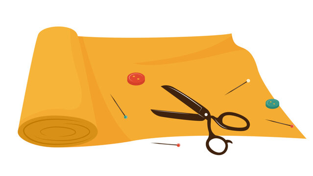 yellow fabric with scissors, pins, and buttons clip art preview